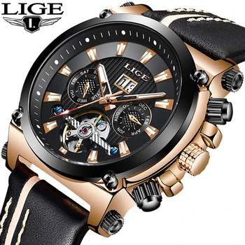 

2019 LIGE Fashion Automatic Mechanical Tourbillon Men Watch Leather Luxury Brand Sport Waterproof Watches Mens Relogio Masculino