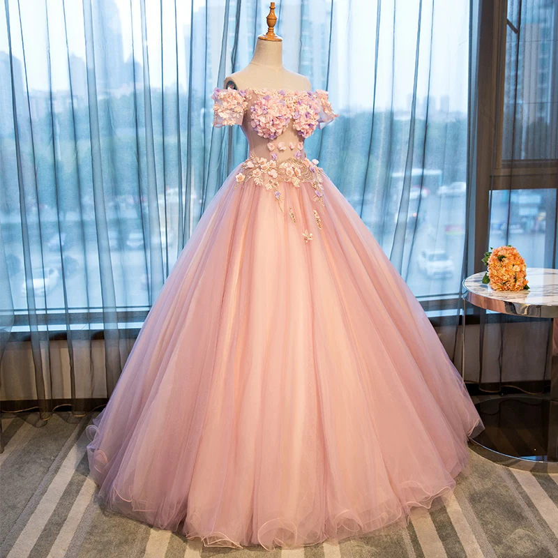 

Pink Flower Embroidery Appliques Queen Ball Gown Long Slim Fit Theatre Gowns Women Dance Sweet Dress