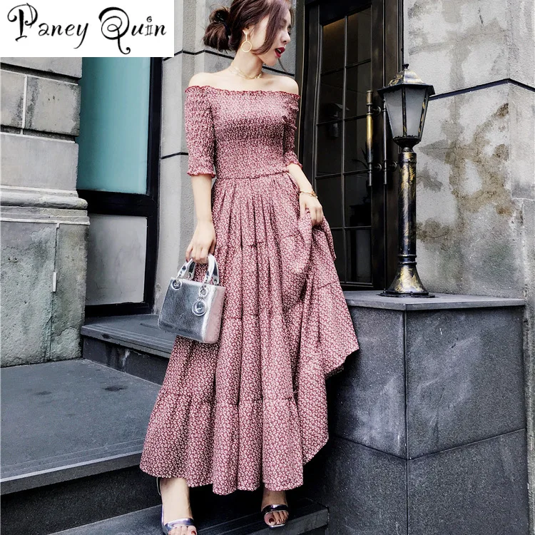 

2019 beach Bohemian Women temperament dress flowers print Big swing long maxi dress vestidos off shoulder sweetpink dress