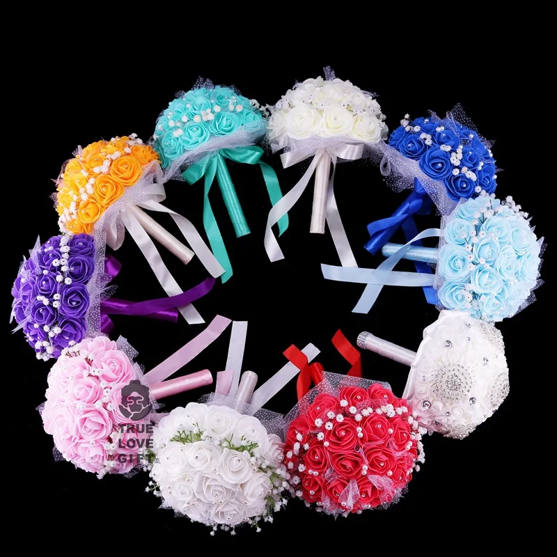 

9 Colors Rose Foam Flower Rhinestone Bouquets Romantic Handmade Bridal Bouquet With Small Daisy Ribbon Wedding Accessories
