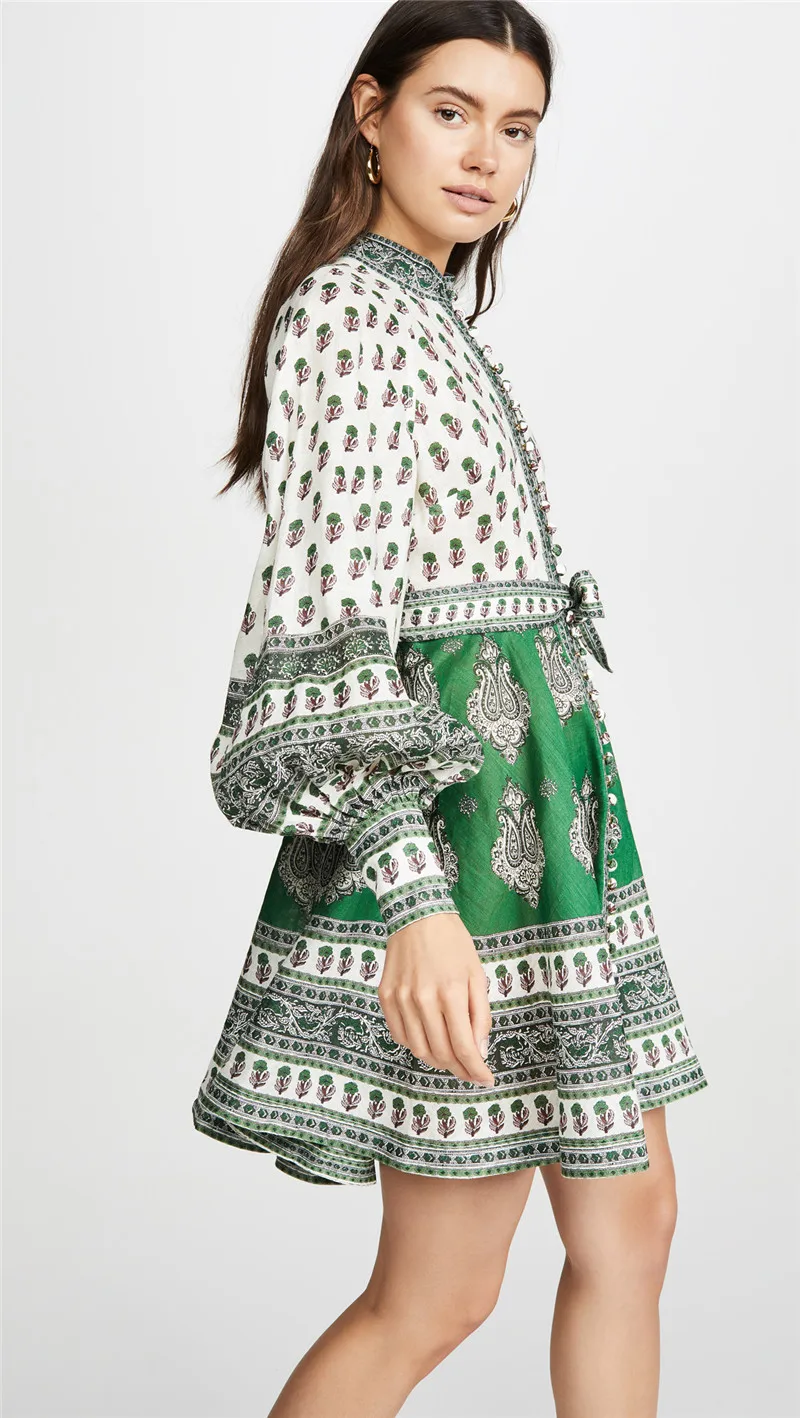 Summer Dress 2019 Runway Elegant Slim Women O Neck Lantern Sleeve High Waist Vintage Mini Dresses (8)