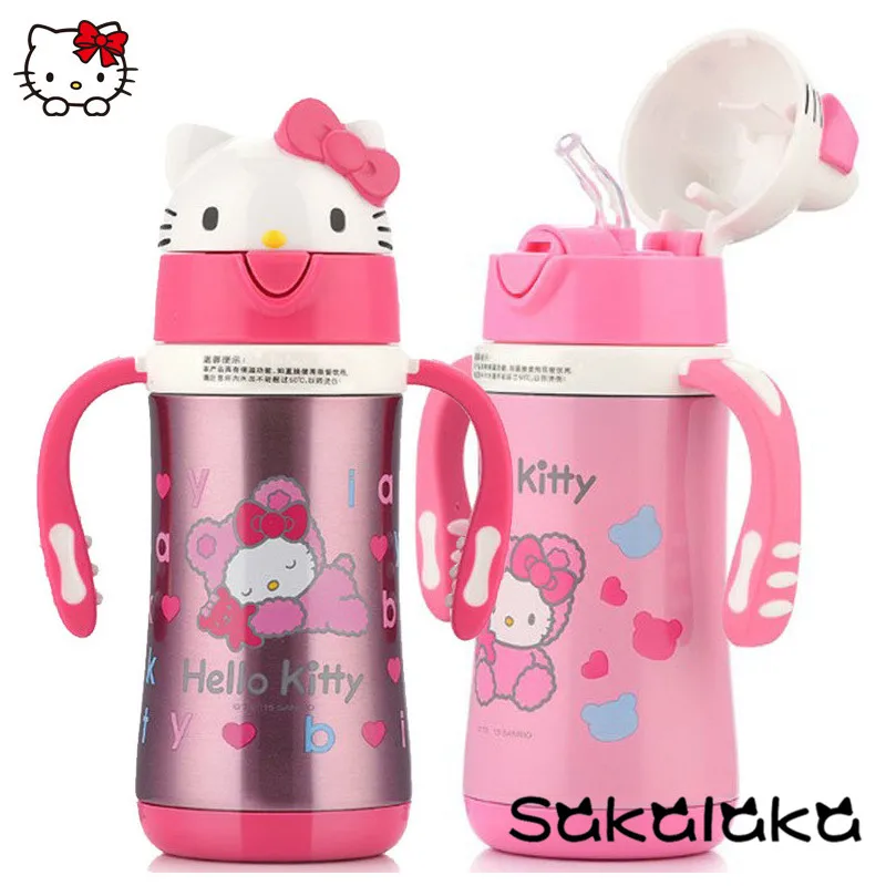 

Hello Kitty BPA free stainless steel straw warm keeping baby healthy drinking bottle with handle 300ml