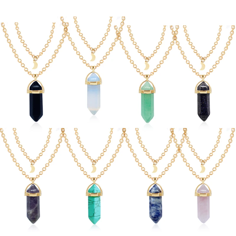 

Fashion Hexagonal Natural Crystal Stone Pendant Chains Necklaces Tiger Eye amethyste Moon Stone 10 Styles for Women Jewelry Gift