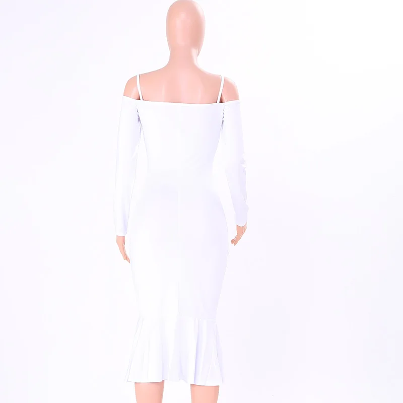 Kostlich Spaghetti Strap Long Sleeve Ruffles Mermaid Party Dresses Slash neck Bodycon Sexy Women Midi Dress 6 Colors Clothing (23)