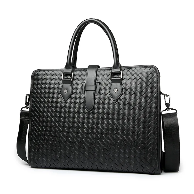 

100% Cow Genuine Leather Men Briefcase Bag Business Handbag Male Laptop Shoulder Bags Tote Computer Natural Skin Weave Briefcase