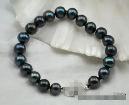 

FREE SHIPPING HOT sell new Style >>>>Rare 8" 10mm black round freshwater pearl bracelet 925sterling silver clasp
