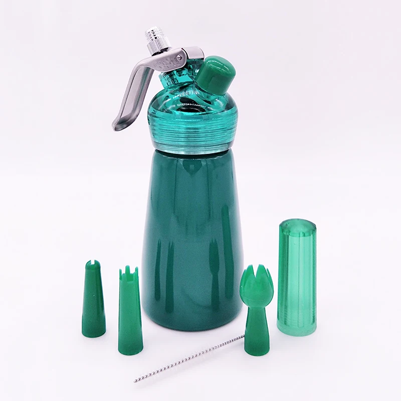 

New Arrival Muti Color 200ML Aluminum Cream whipper Cream Dispenser With Acrylic head 3pcs nozzles 1pcs Brush