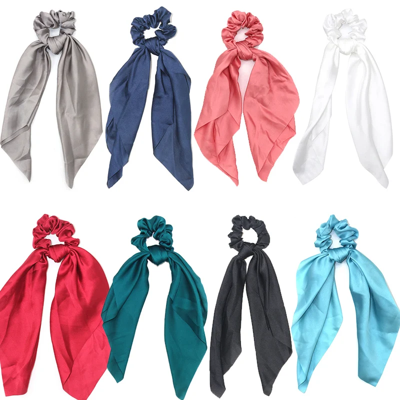 Sale Ribbon Vintage Women Satin Hair Scarf Bowknot Streamers Scrunchies Ponytail Holder Headband Elastic Hair Ties for Girls