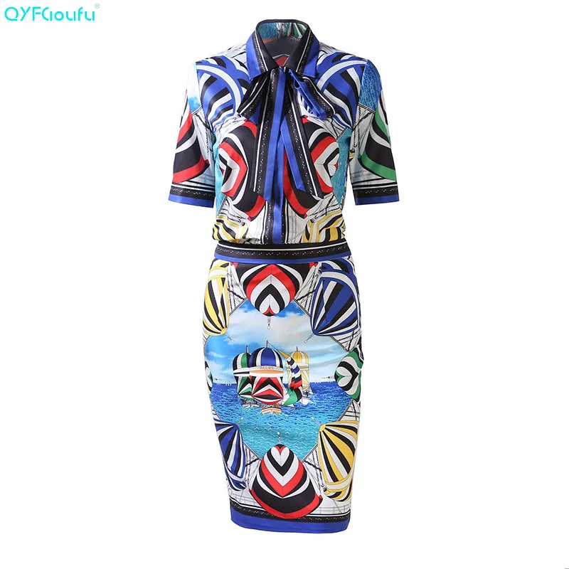 

QYFCIOUFU nueva moda traje de pasarela conjunto de mujer de manga corta globo estampado arco blusa + Vintage Bodycon Mini falda 2 conjunto de dos piezas