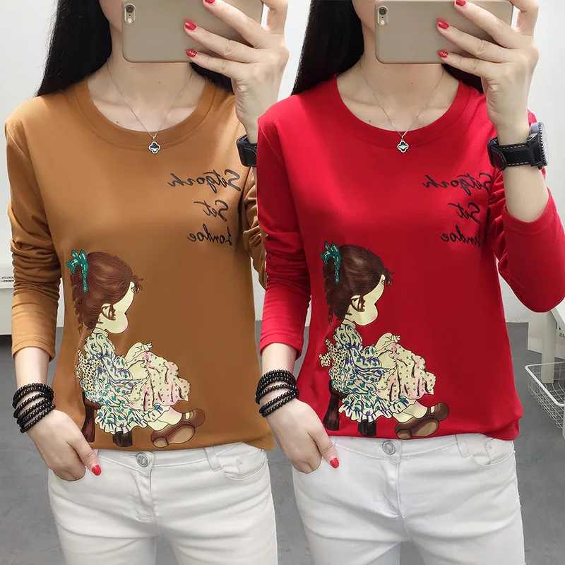 

Banerdanni Autumn New Women's T-shirt Cartoon Print Cotton t shitr Plus Size 5XL Loose Long sleeve Tops Casual graphic t shirts