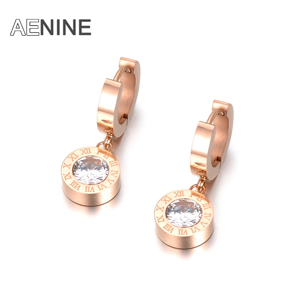 

AENINE Fashion AAA Cubic Zirconia Round Roma Number Stainless Steel Earrings Charming Jewelry For Women Girls Pendientes AE18041
