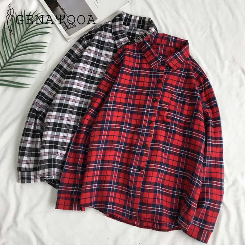 

Genayooa Blouses Woman 2019 Long Sleeve Red Plaid Shirt Women Blouse Cotton Femme Korean Style Casual Loose Shirt Blouses
