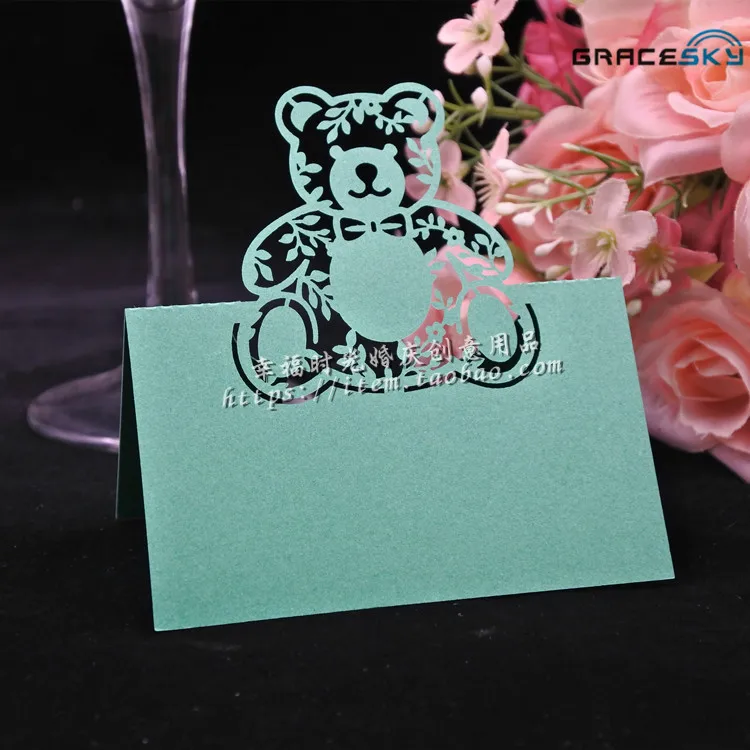 50pcs laser cut blue cute bear Birthday Wedding invitation Table cards place seat name cards Baby shower party Table decoration