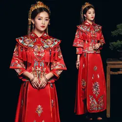 Азиатский невесты Красный винтажный китайский халат Традиционный китайский стиль вышивка цветок комплект платья Ципао классический