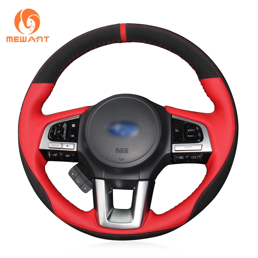 MEWANT Red Genuine Leather Black Suede Car Steering Wheel Cover for