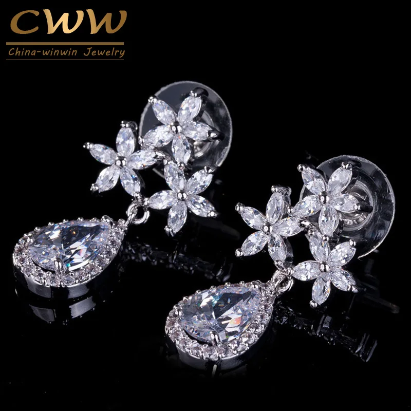 

CWWZircons Elegant Austrian Flower Shaped Zircon Crystal Pendant Drop Wedding Earrings for Brides Jewelry CZ201