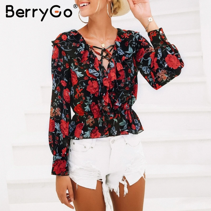

BerryGo V neck floral print blouse shirt 2018 Elegant ruffles polka dot red blouse women Lace up sexy blusas autumn blouse femme
