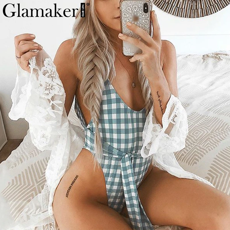 

Glamaker Blackless plaid sexy bathing suit women lace up Swimwear blue push up female bathers Bandage swimsuit beach bodysuit