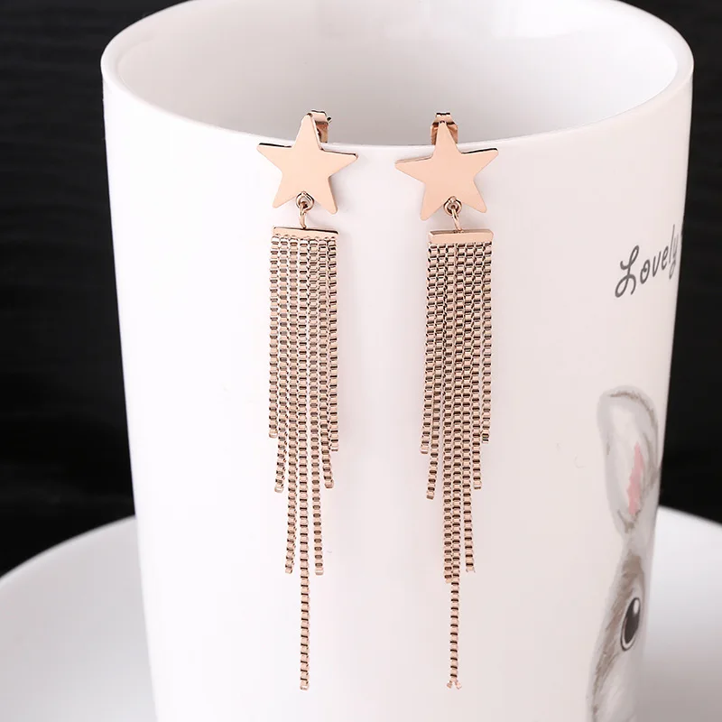 

Fashion Jewelry, titanium steel ,Star long tassel earrings, rose gold Earrings for female