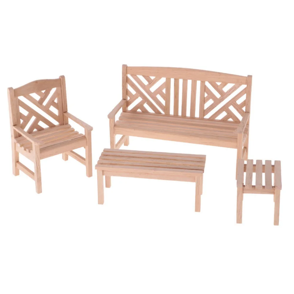

New 1/12 Dollhouse Miniature Garden Table Chair Set Unpainted 4 pcs Furniture WG012