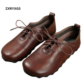 

2019 new spring autumn handmade 100% genuine leather shoes woman flat shoes loose comfortable retro lace-up women casual shoes