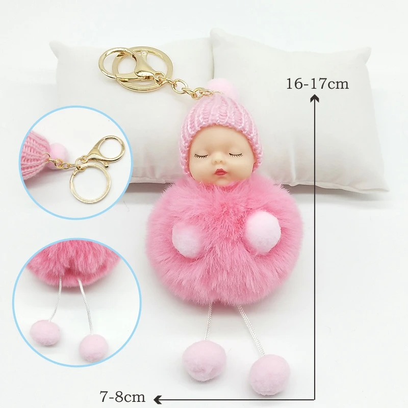 ZOEBER Hand and feet Sleeping Baby Doll Keychain Pompom Rabbit Fur Ball