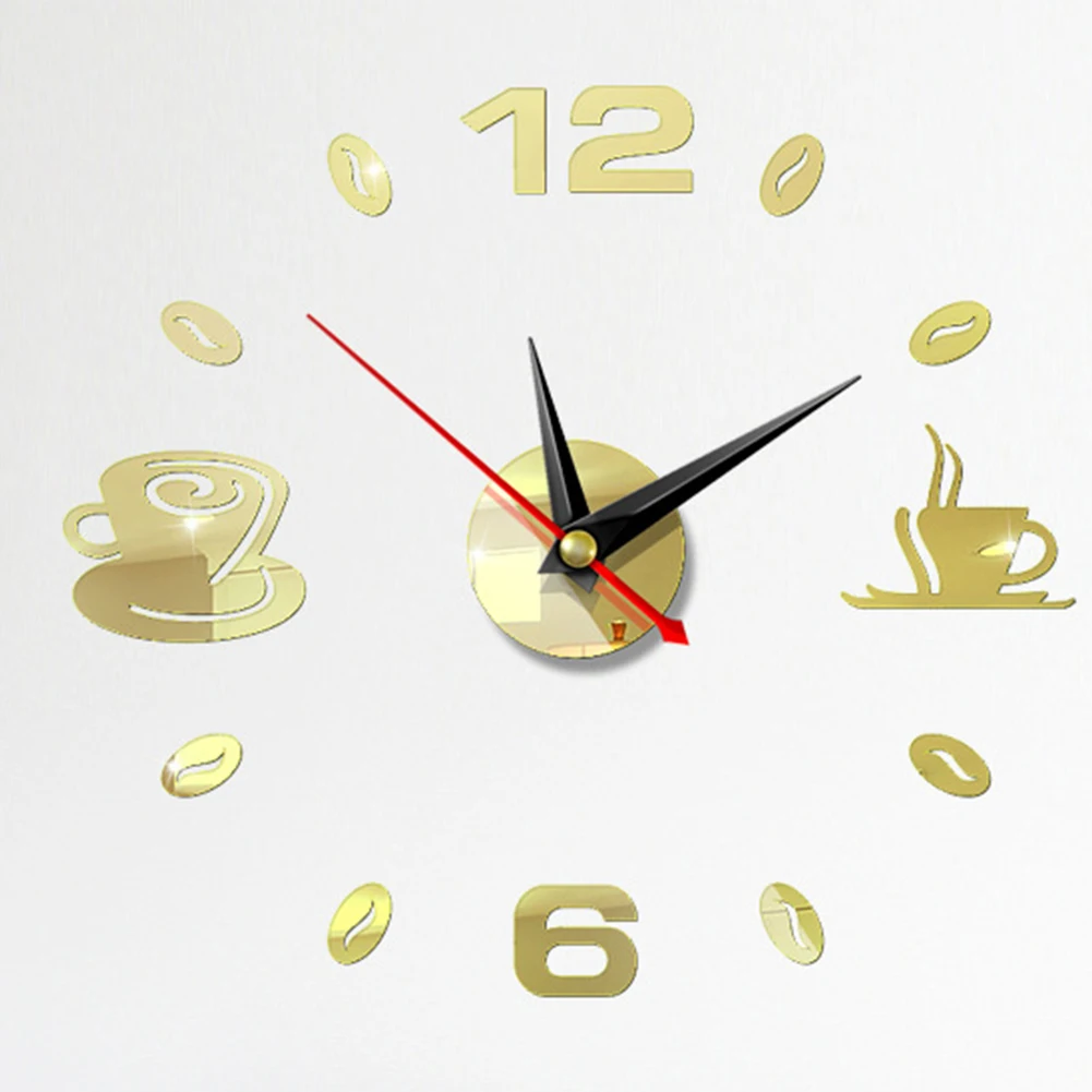 Акриловая самоклейка аналоговый арт водостойкий с зеркалом домашние кухонные настенные часы Современные кофейные чашки Декор Немой 3D DIY - Color: Mirror Light Gold