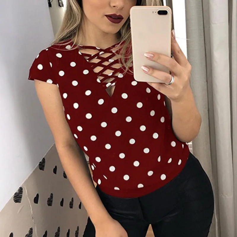 

Summer New Women Sexy Cross Strap Short Sleeve V Neck Chiffon Blouse Office Ladies Casual Bohemian Style Polka Dot Shirt SJ2365U