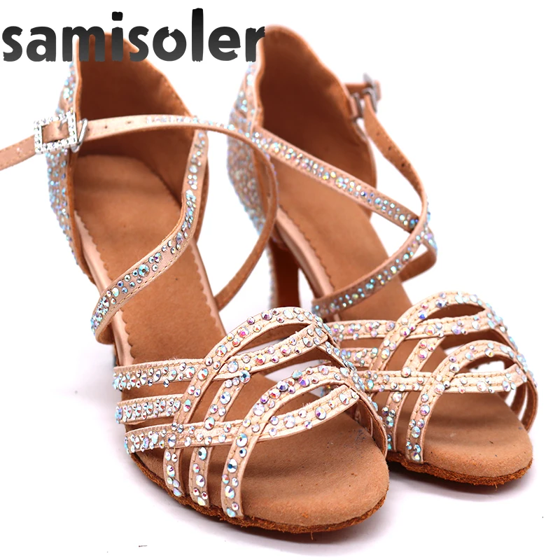 Samisoler/Женская обувь для латинских танцев; коричневые стразы; Танцевальная обувь для сальсы; модная удобная сатиновая мягкая обувь на высоком каблуке 5-10 см