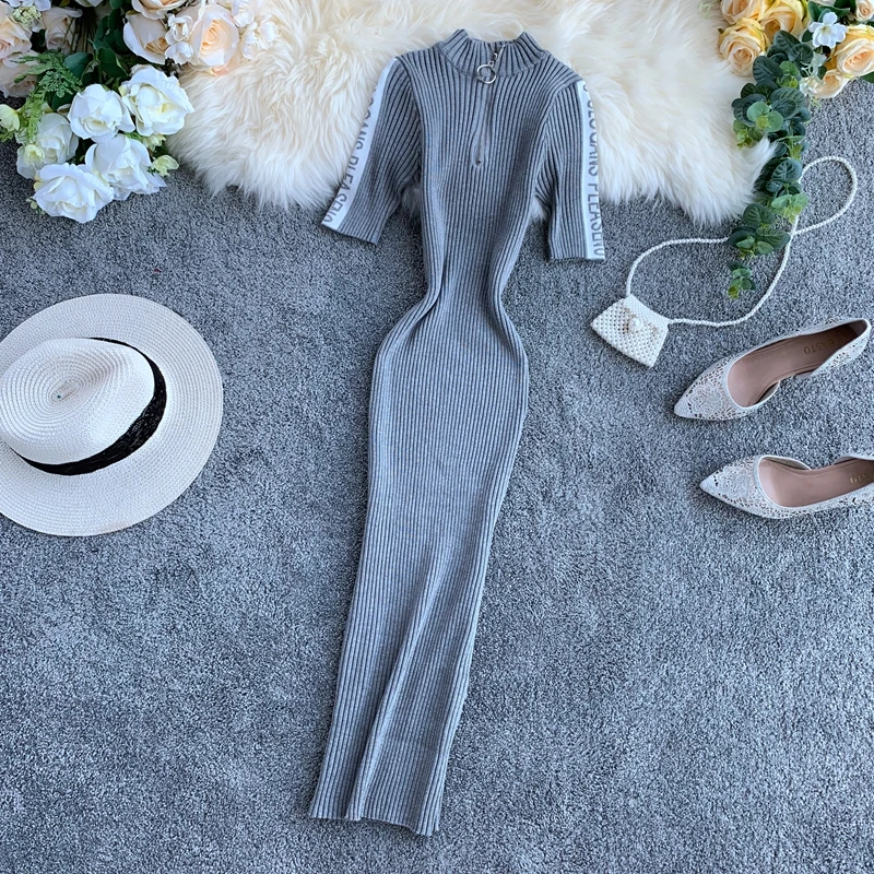 Женское трикотажное платье ALPHALMODA на молнии до середины икры с короткими рукавами