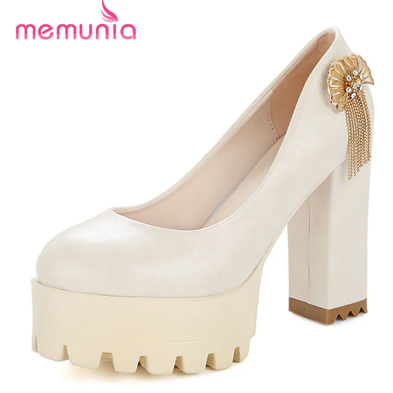 

MEMUNIA Round toe high heels shoes shallow platform metal decoration wedding shoes women pumps soft leather single