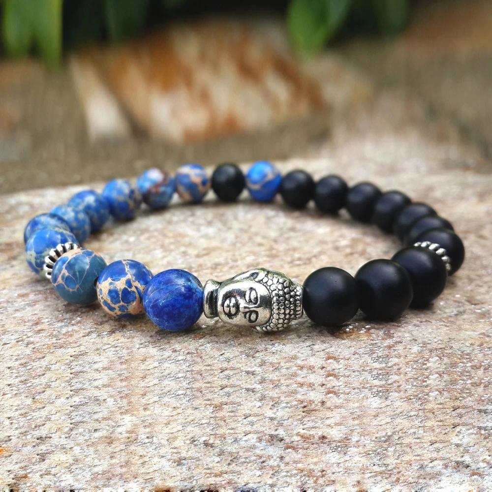Blue Regalite Bracelets , Black Onyx, Bohemian Buddhist Prayer