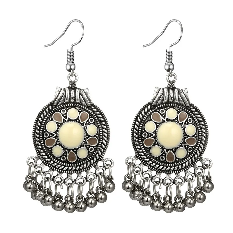 Индийские ювелирные изделия винтажные серебряные металлические бусины Висячие серьги для женщин богемный турецкий длинные серьги с кисточками - Окраска металла: Silver - white
