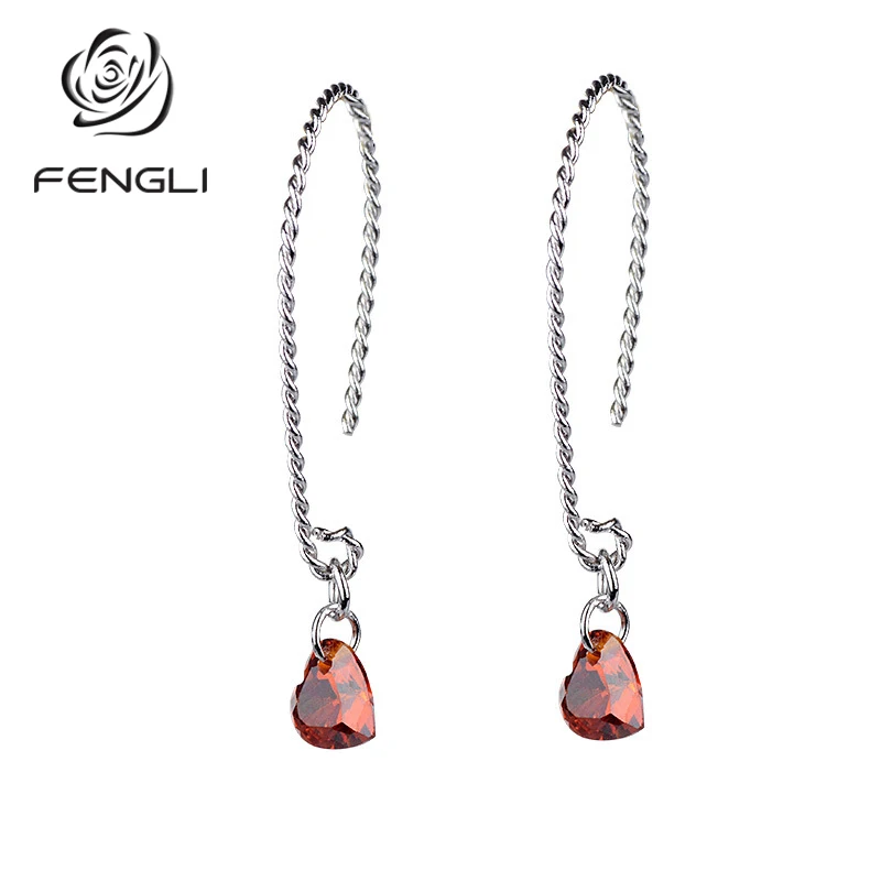 

Silver Red Crystal Drop Earrings for Women Tiny Geometric Long Chain Earring Korean Style Trendy Jewelry Accessories