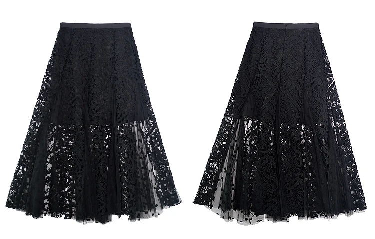 Кружевные юбки женские черные с вырезами элегантный дизайн точка сетка пэчворк А-Силуэт Высокое качество юбка осень модный стиль