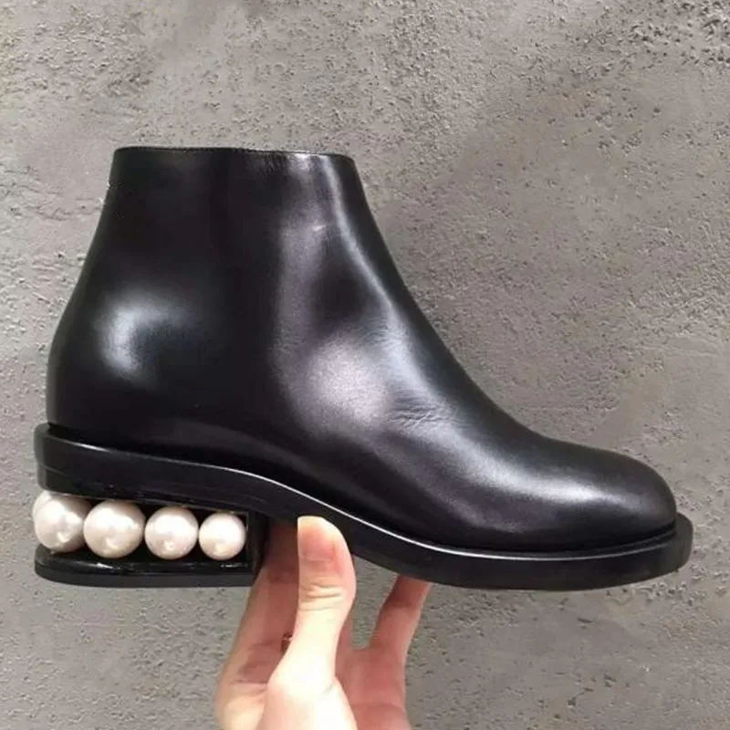 

New Stylish famous Brand Suede Round Toe Booties Mujer Pearl Embellisehd Flat brand Ankle Boots Party Dress Shoes Women