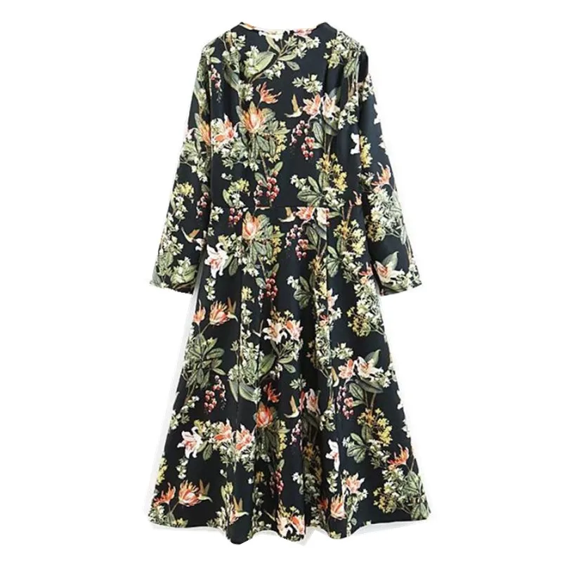 

2019 Women Green Leaves Flower Print Long Sleeve Black Dress Vintage Cross V neck Loose A-line Swing Mid-calf Dresses