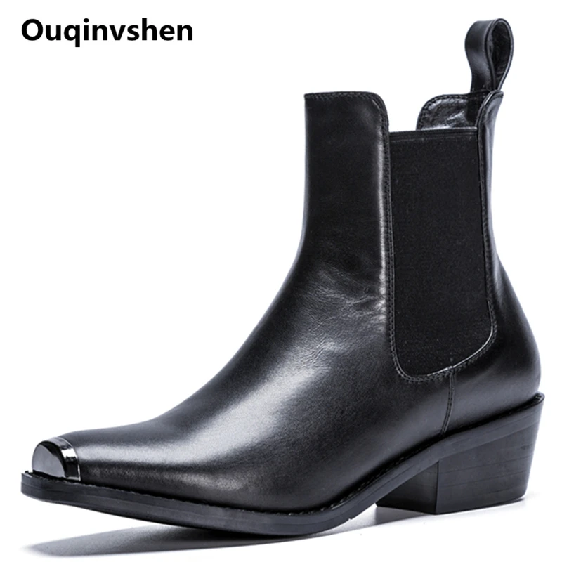 

Ouqinvshen Metal Decoration Leather Boots Women Square Toe Square Heel High Quality High Heels Fashion Black Womens Ankle Boots