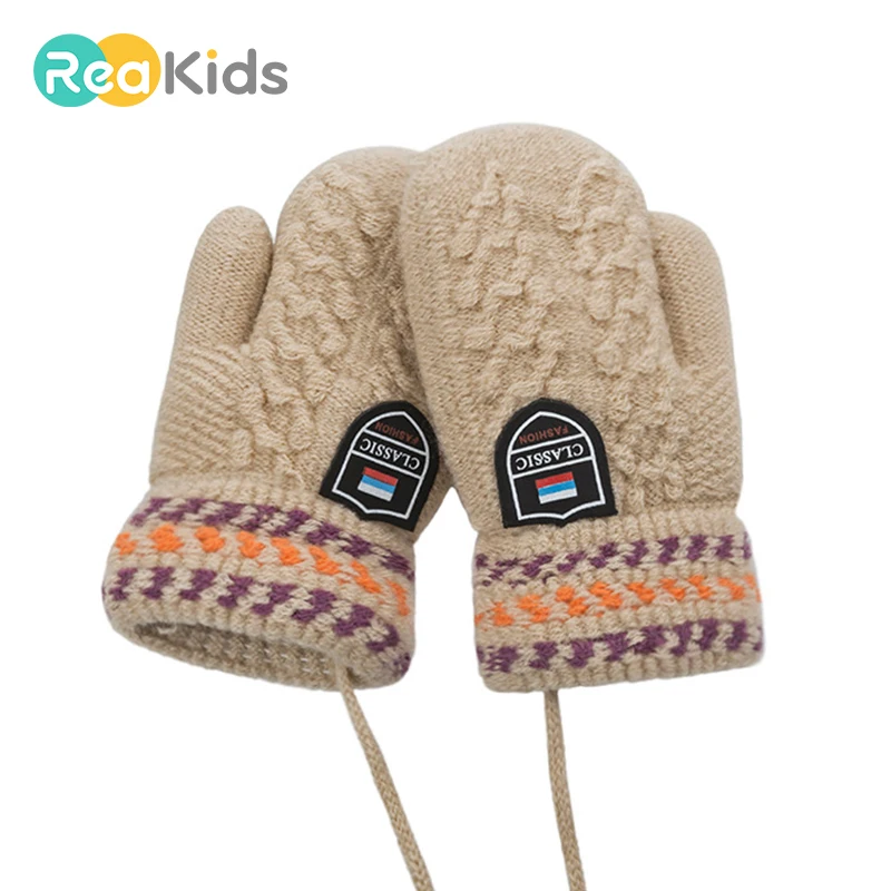 Boys Girls Winter Fashion Warm Knitted Gloves Thick Glove with Neck String