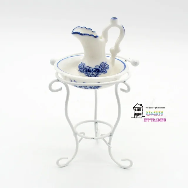 Miniatur Puppenhaus 1 12 Bad accessoires Set blaue blume Waschtisch Waschbecken Kettl Puppen Bad Dekoration Geschenk