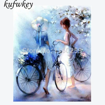 

Embroidery Cross Cyclists two girl Diy Diamond Paintings Full Mosaic Picture Pattern Cross Stitch Rhinestone Wall Stickers DQ102
