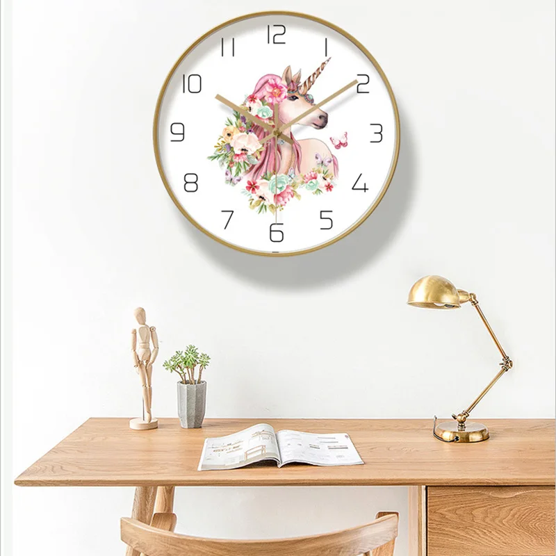Прекрасный единорог Металл настенные часы Home Decor Кварц развертки движения для