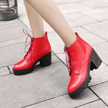 

Casual style comfortable antumn ankle boots fashion lace-up platform black red beige pink high-heeled riding boots women shoes