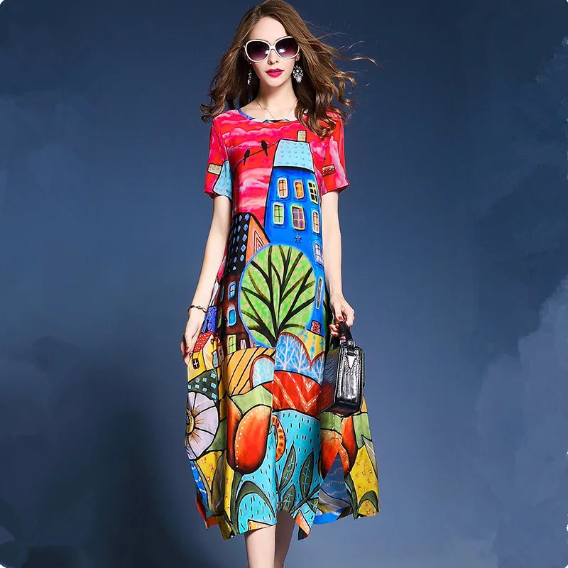 

Elegant Female Vestidos Loose Real Silk Dresses 2019 New Summer Vintage A-line Print Dress Loose O-Neck Short Sleevele Dresses