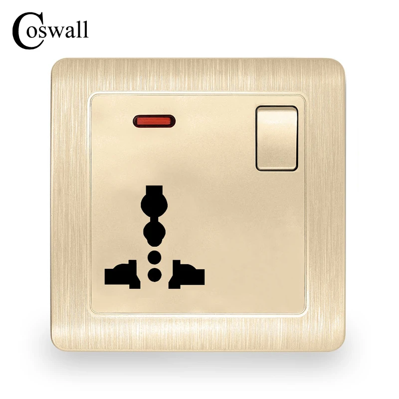 

Coswall Wall Power Socket 13A Universal 3 Hole Outlet Switched With Red Neon Indicator Gold Brushed Panel