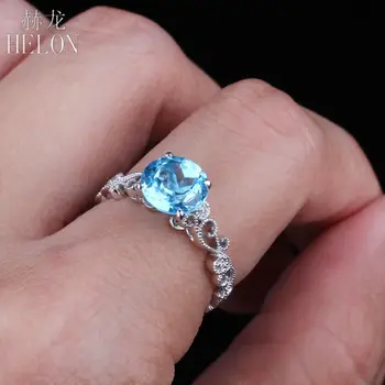

HELON 925 Sterling Silver 7MM Round 100% Genuine Blue Topaz Nattural Diamond Vintage Antique Engagement Wedding Women Fine Ring