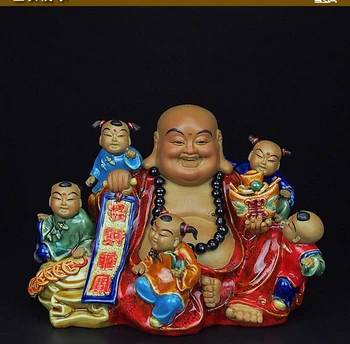 

9''chinese ceramic pottery Painting handcraft carved five boys & wealth buddha