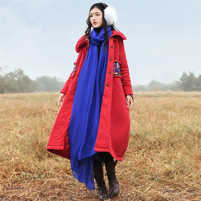 Best price at $167 Cheap BOHOCHIC Original Femme Maxi Jacket Winter Vintage Ethnic Embroidery Plus Size Loose Woman Coat Long Parka Red XB0116D Boho Chic