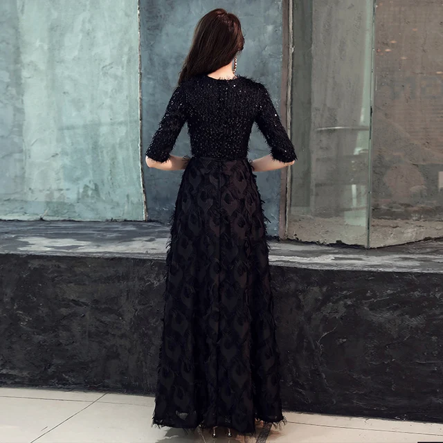 wei yin 2021 New Evening Dresses The Bride Elegant Banquet Black Half Sleeves Lace Floor-length Long Prom Party Gowns WY1342 2