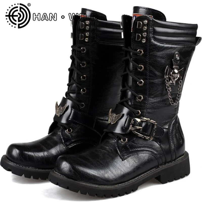 Fivela Exército Tático Preto Botas Do Cano Motocicleta Homens Qualidade De Metal Punk Militar Couro Alta Alto Sapatos w7pPYaq